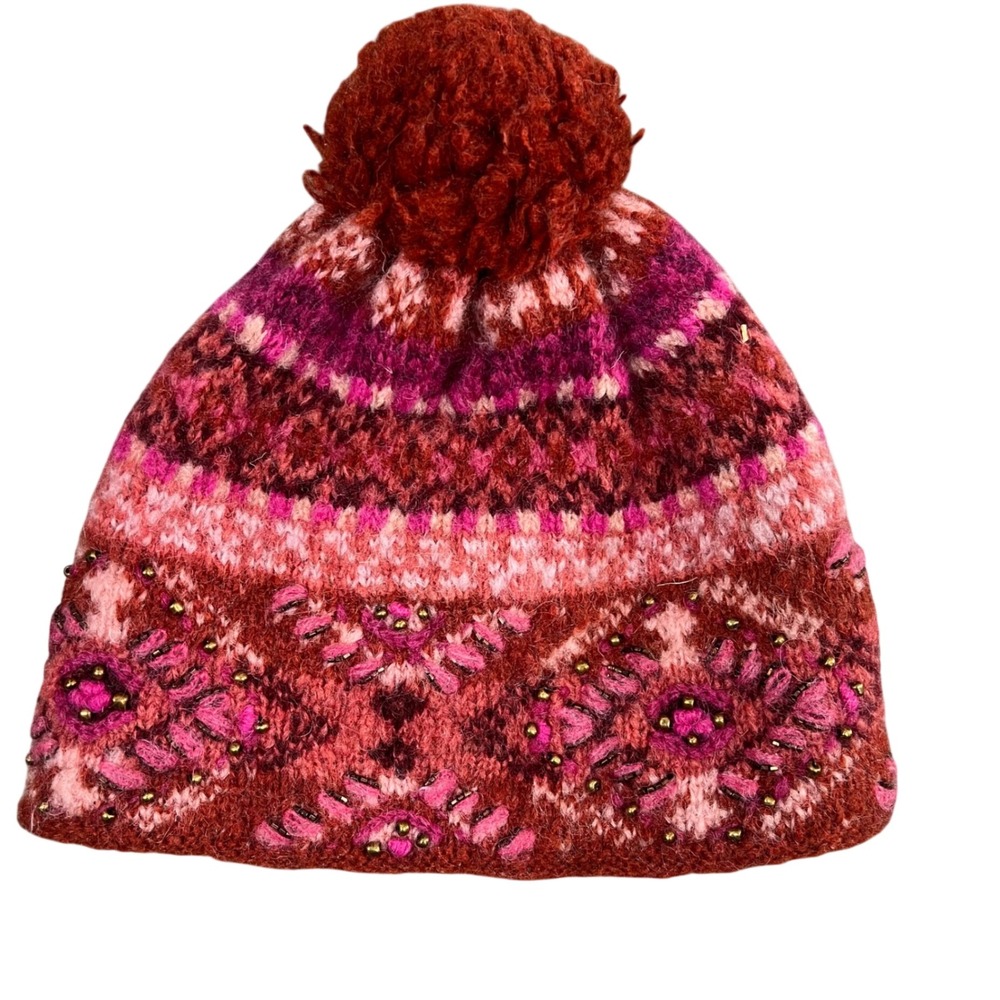French Knot Women Red Pink Fair Isle Wool Blend Beaded Pom Beanie Hat Nepal